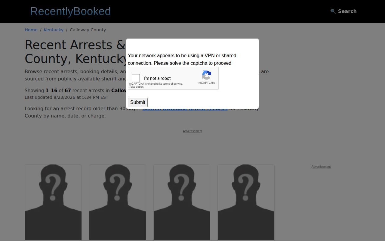 Unofficial RecentlyBooked Calloway County recent booking interface