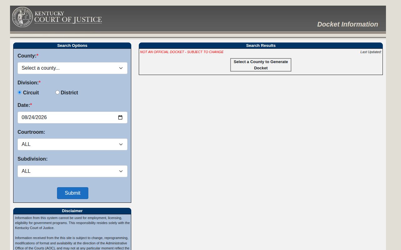 Calloway County court docket search for arrest record dispositions