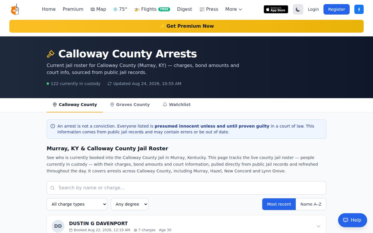 Calloway County current arrest records feed without booking photos