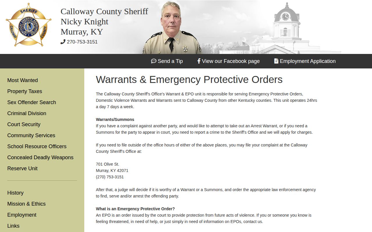 Calloway County Sheriff warrant and EPO information page