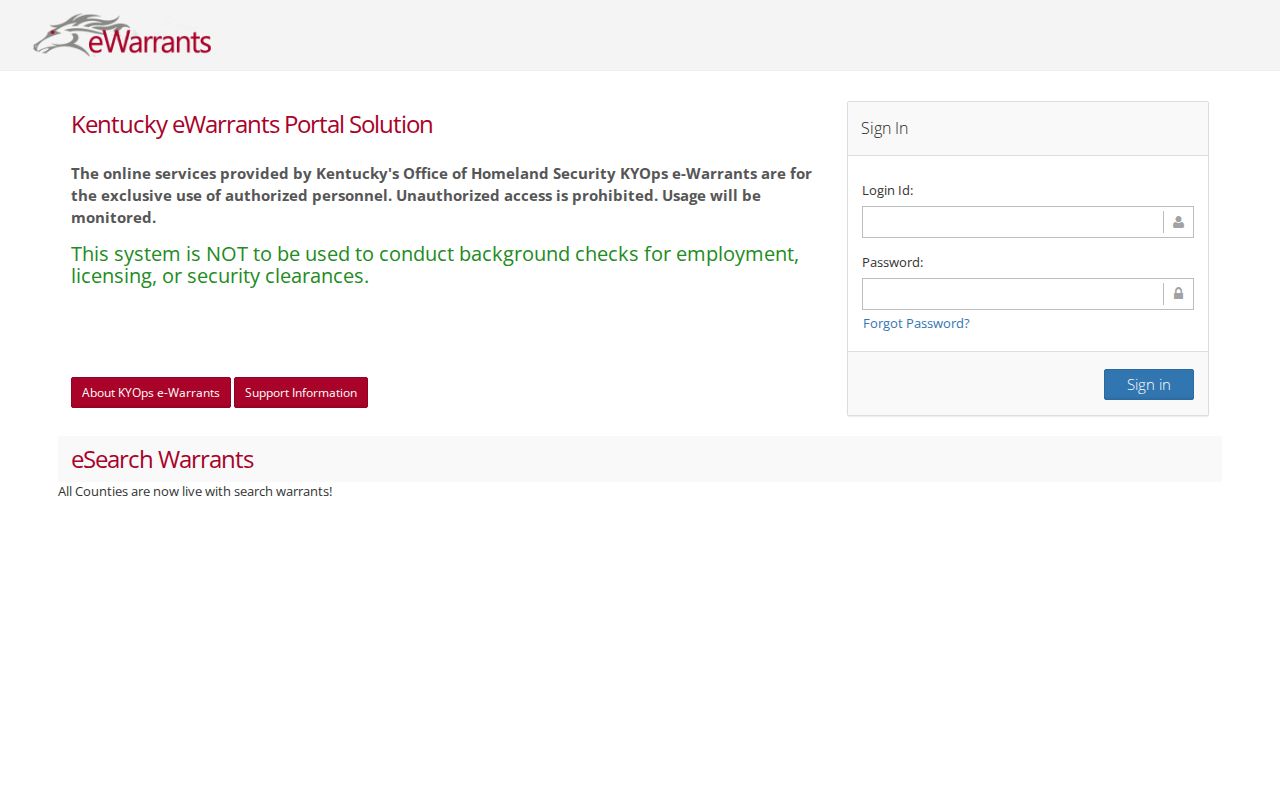 Kentucky eWarrants authorized-access page for Calloway County warrant context