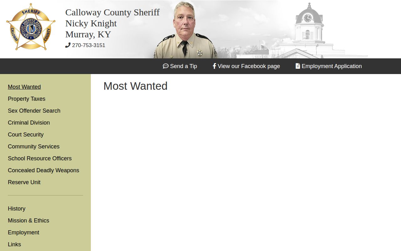 Calloway County Most Wanted official page with no public entries displayed