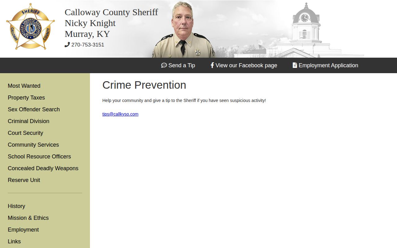 Calloway County Sheriff official crime prevention and wanted tip contact