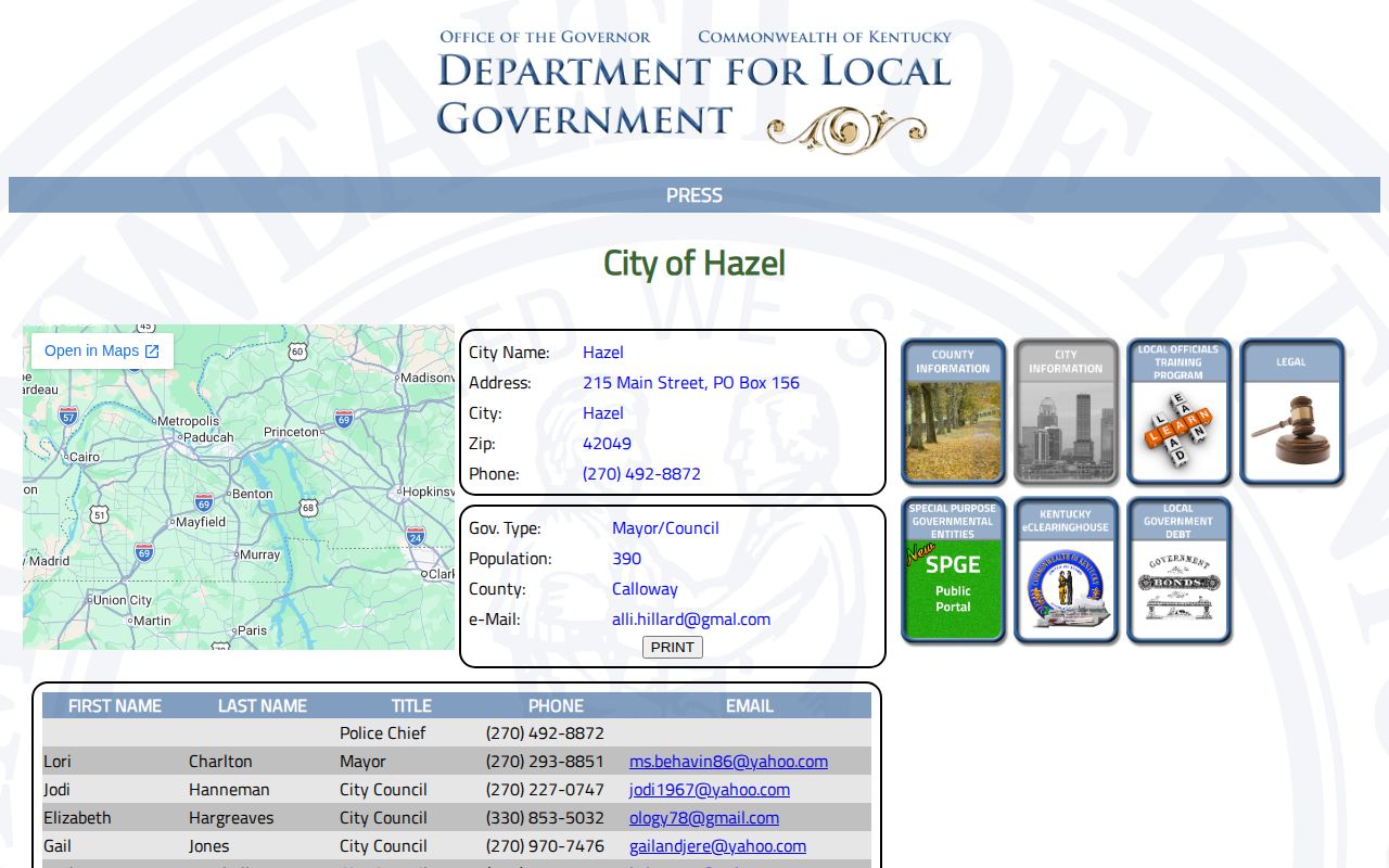 Hazel official city profile for arrest record contacts in Calloway County